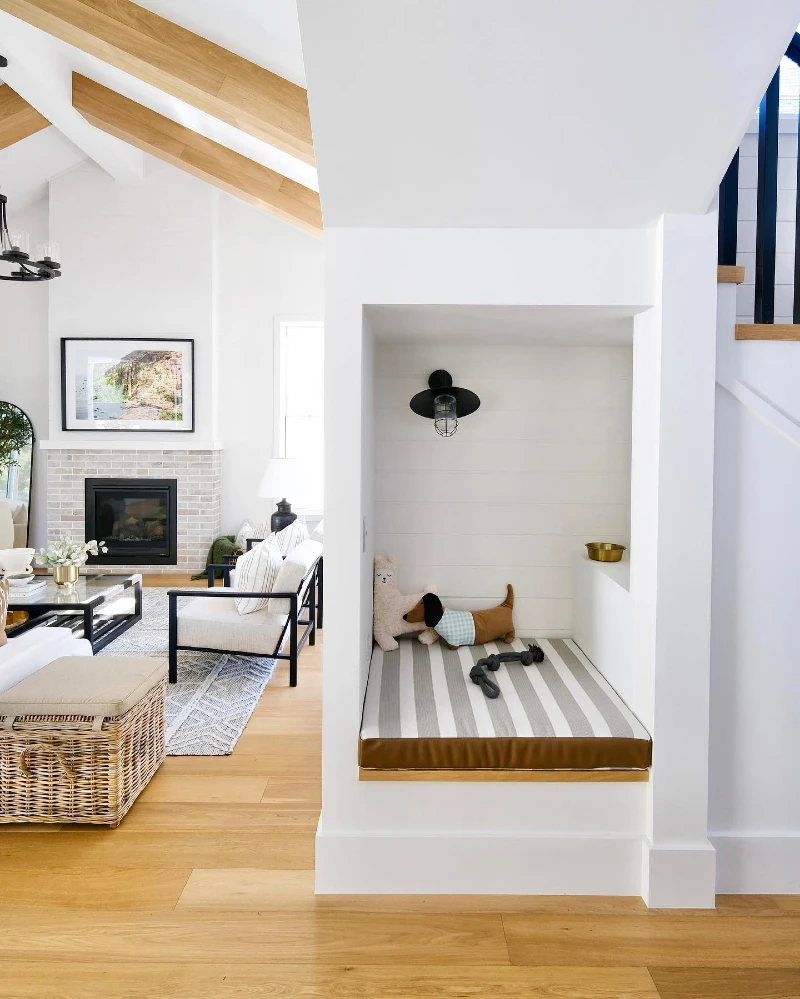 Under-Stair Shiplap Alcove with Striped Cushion Bed