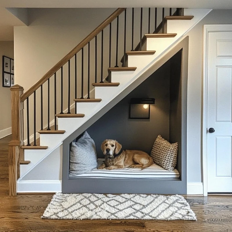Under-Stairs Charcoal Nook with Striped Daybed Cushion