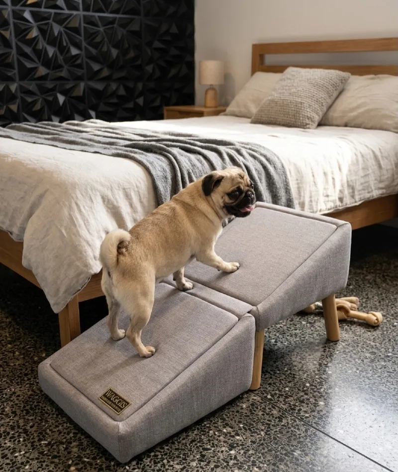 Upholstered Grey Fabric Modular Ramp with Wooden Legs