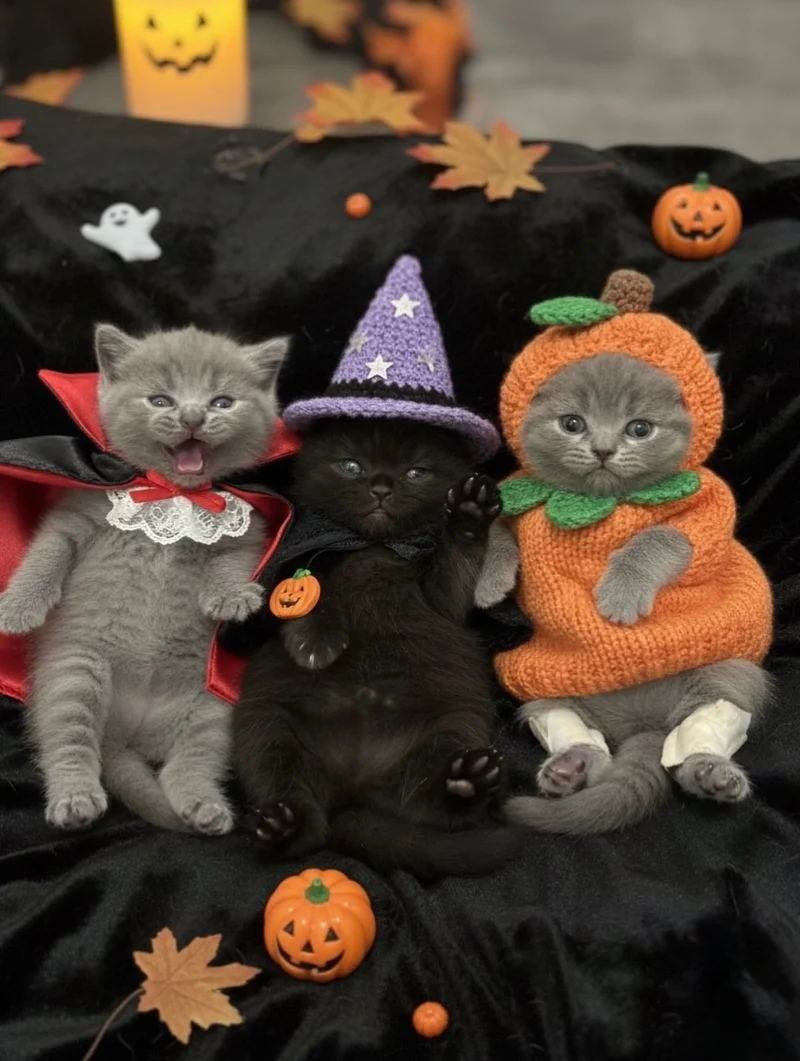 Vampire Cape, Witch Hat, and Knit Pumpkin Costumes on Three Kittens