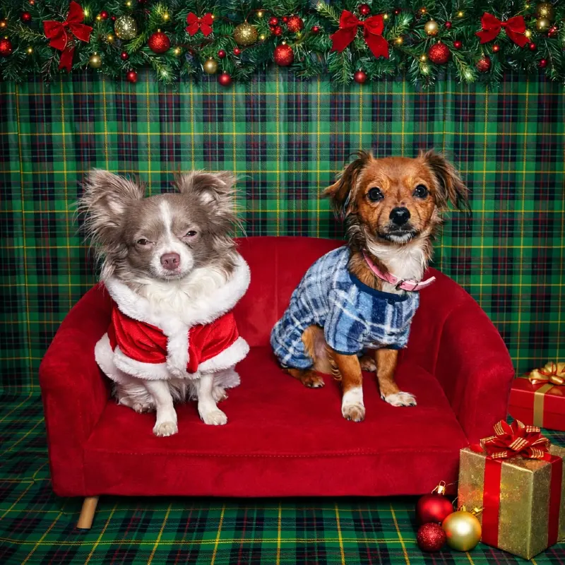 Velvet Santa Cape and Blue Plaid Fleece Set on a Long-Haired Chihuahua and a Mixed Breed