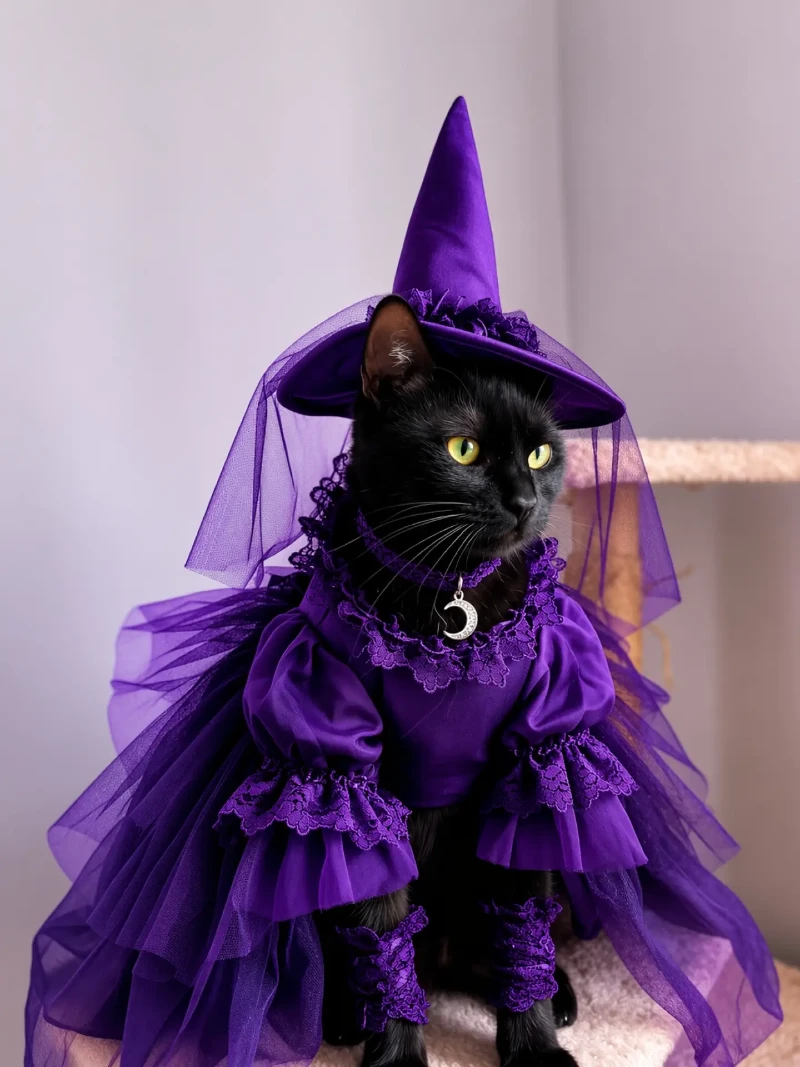 Vibrant Purple Witch Hat and Layered Gown on a Black Cat