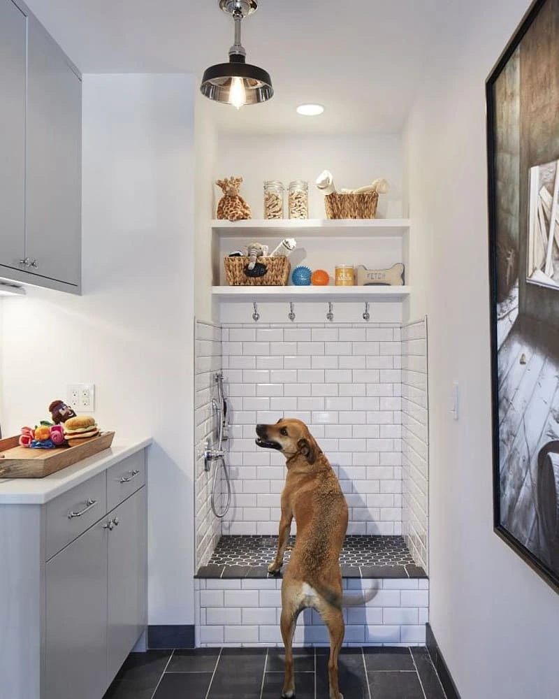Walk-In Subway Tile Alcove with Floating Storage Shelves