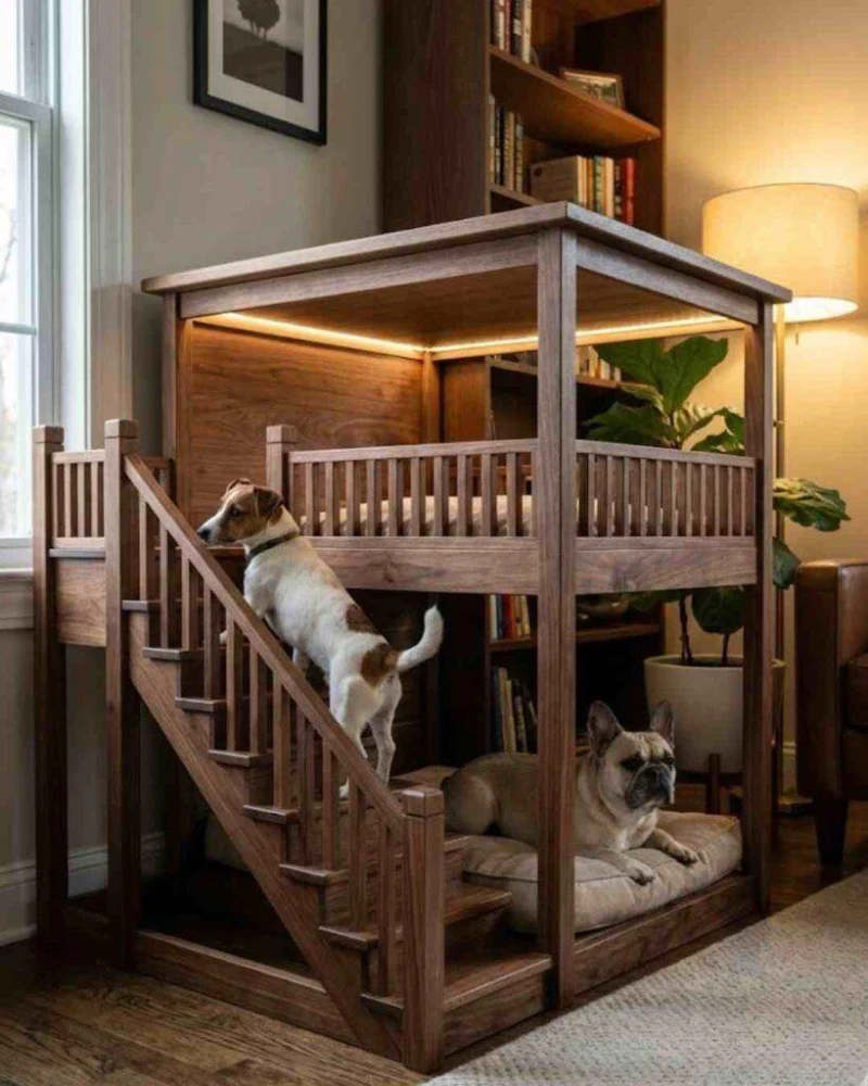 Walnut Bunk Bed Structure with Integrated Staircase