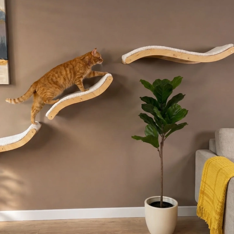 Wavy Light Wood Cat Shelves with White Fleece Cushions on a Warm Taupe Wall