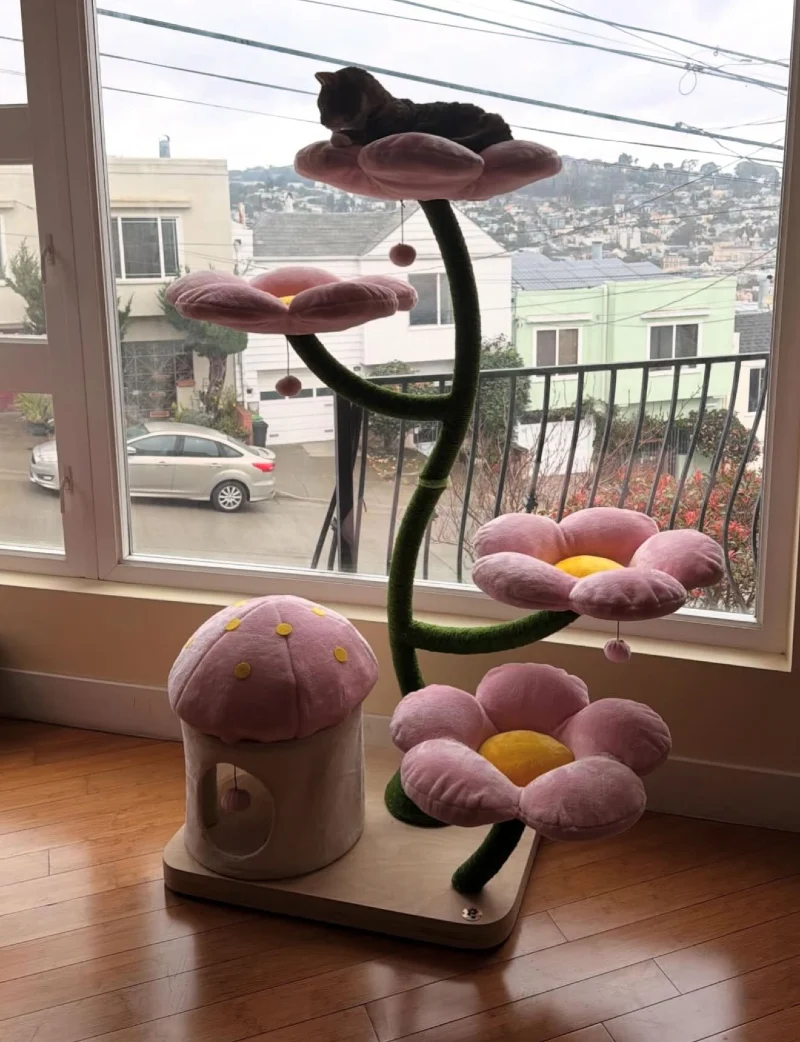 Whimsical Pink Flower and Mushroom Perch Complex