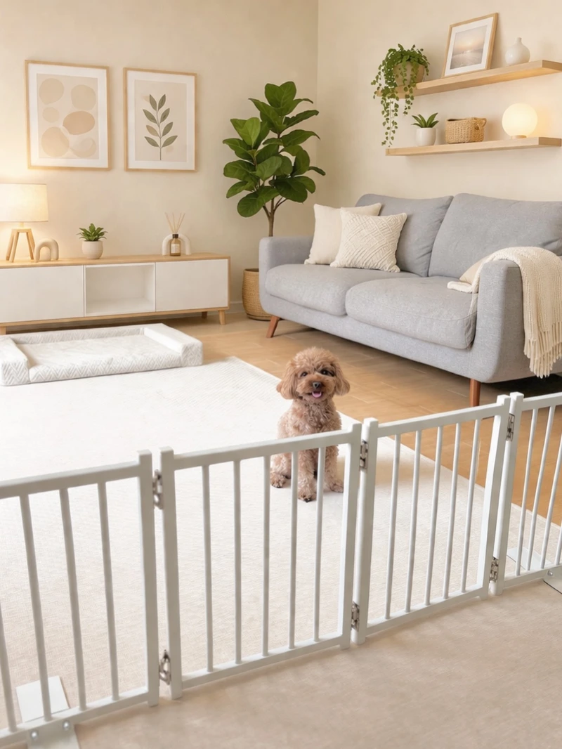 White Folding Spindle Gate in Japandi Living Room