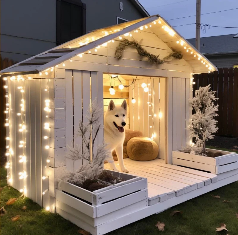 White Slatted Dog Cottage with Integrated Planter Boxes and Warm String Lights