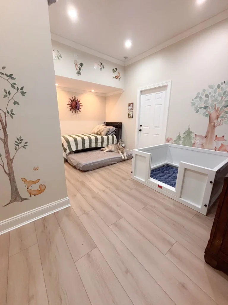 Woodland-Themed Dog Bedroom with Custom White Whelping Box
