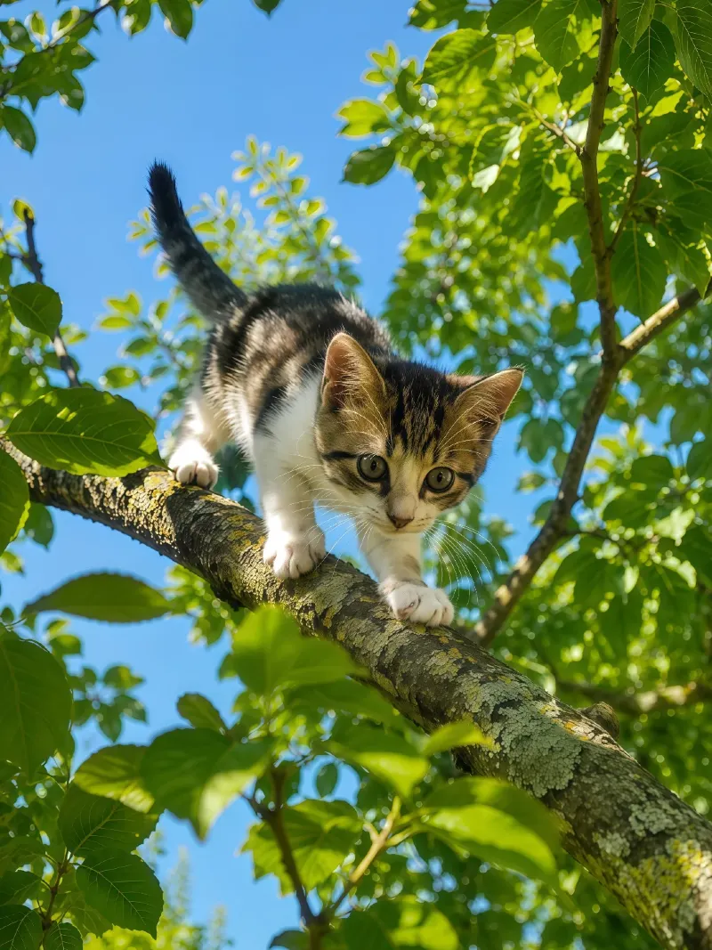 Adventurous Kitten Climbing a Sunny Tree Branch