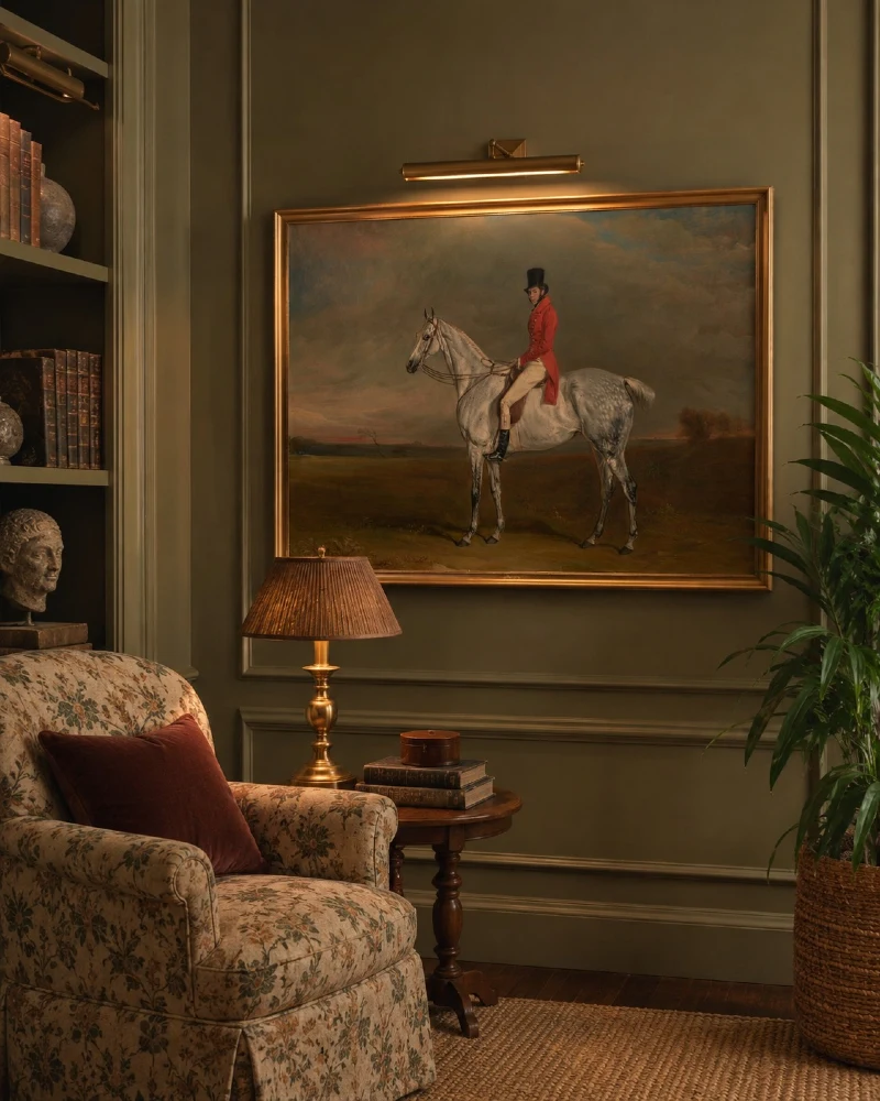 Antique Hunt Painting with Brass Picture Light Above a Patterned Armchair