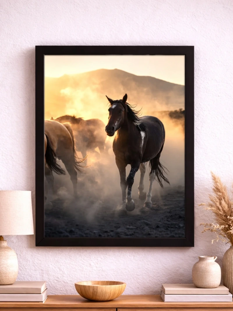 Backlit Dust Storm Wild Horse Print in Sleek Matte Frame Above Wooden Console