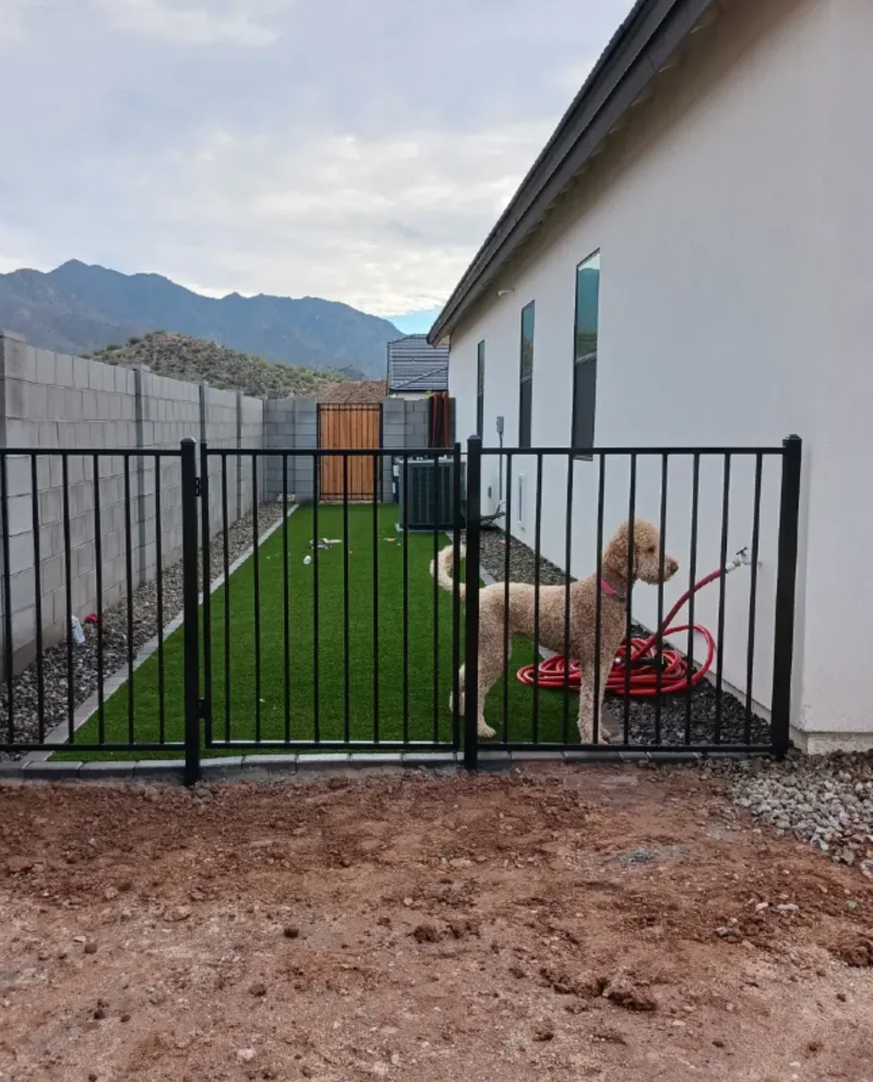 Black Aluminum Picket Side-Yard Gate Over Brick Pavers