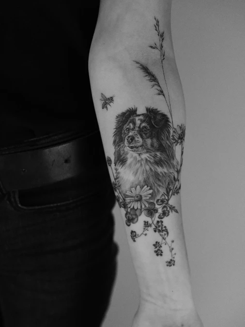 Black And Grey Portrait With Trailing Wildflowers