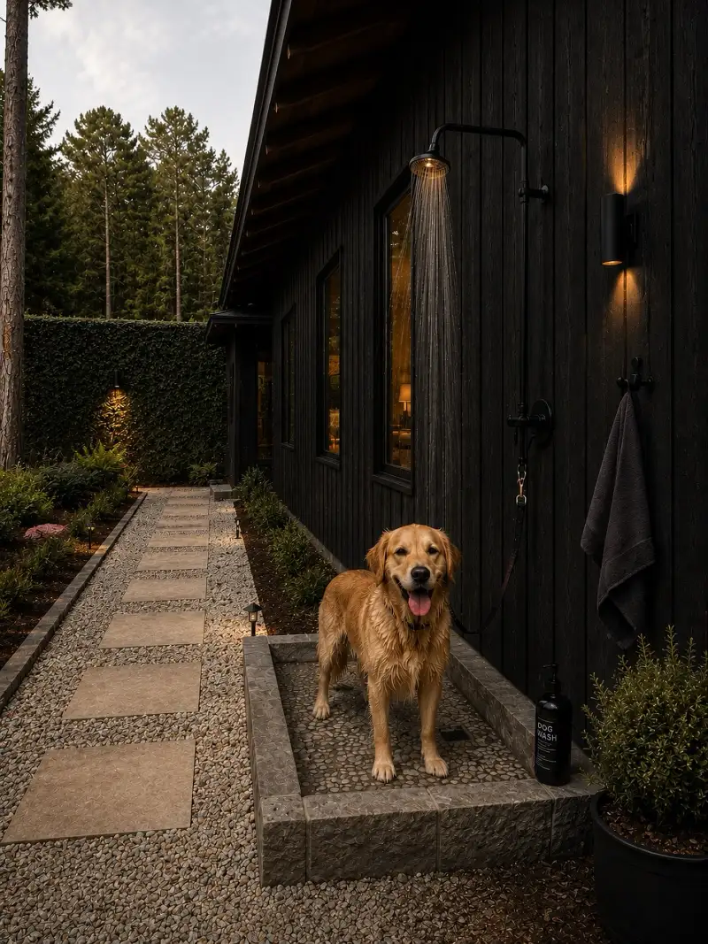 Black Wood Exterior with Stone Dog Wash Station and Matte Fixtures