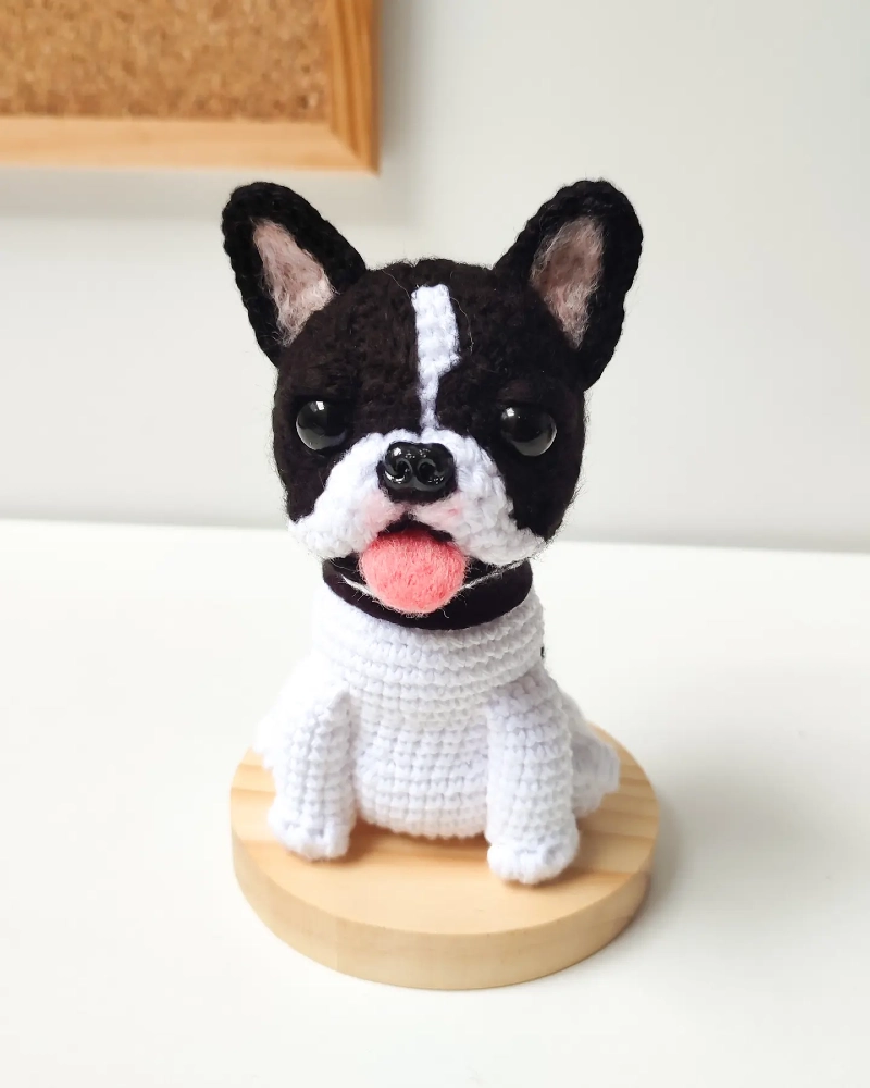 Black and White French Bulldog Figure on Natural Wood Stand
