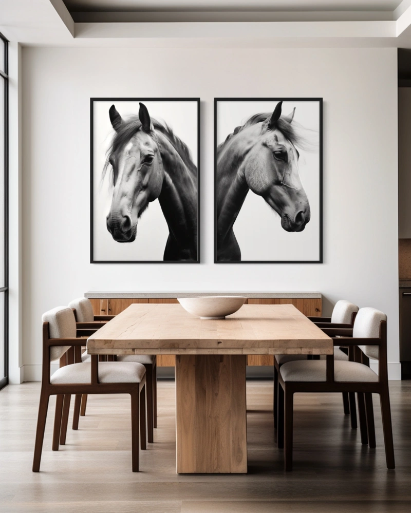 Black and White Horse Portrait Diptych Above a Minimalist Wooden Dining Set