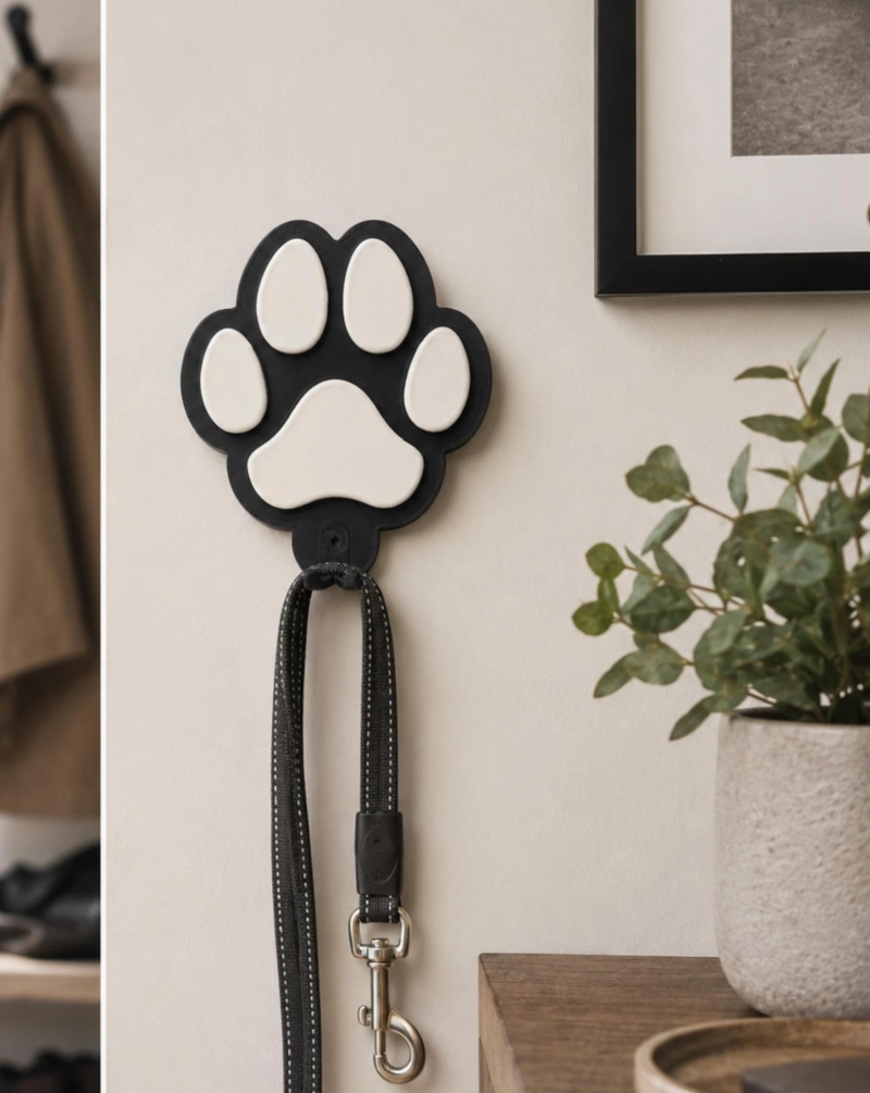 Black and White Paw Wall Hook Beside Wooden Entryway Console