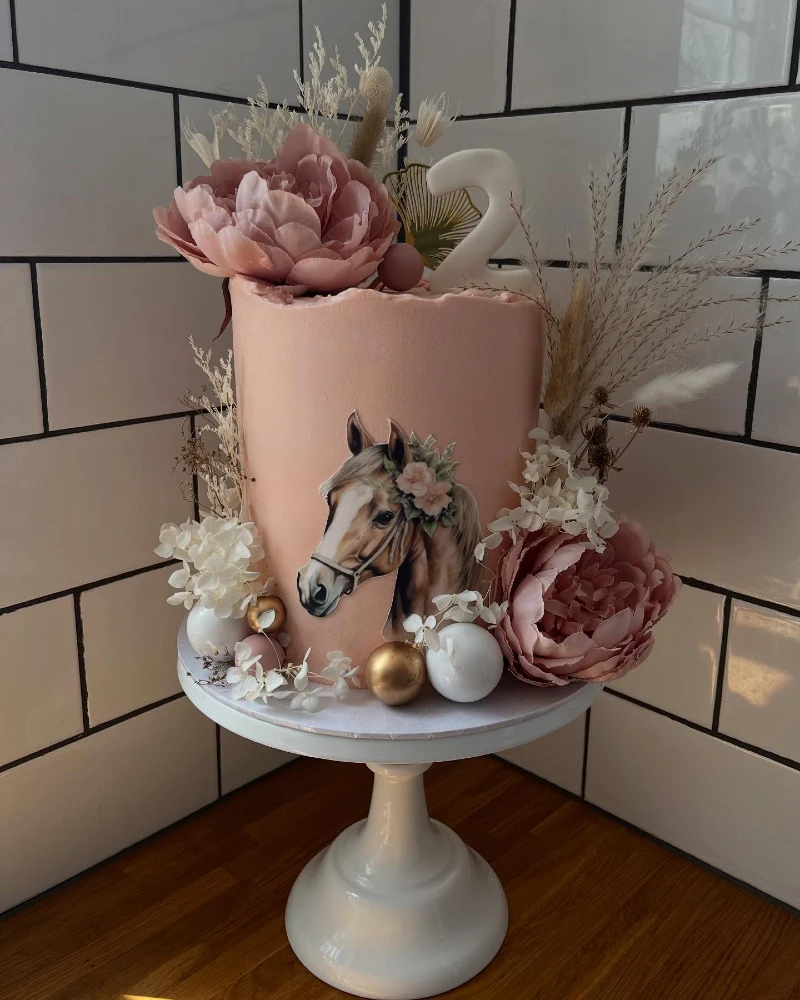 Blush Pink Floral Cake with Horse Portrait and Dusty Rose Peonies