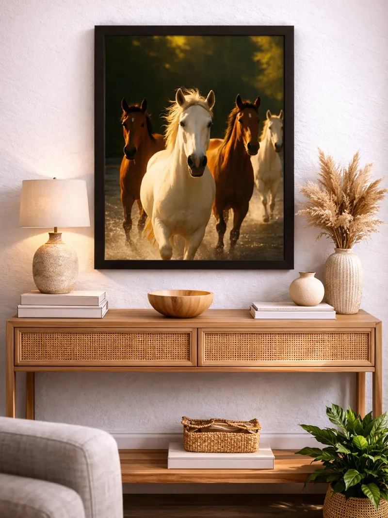 Bold Black-Framed Running Herd Print Above a Mid-Century Cane Console Table