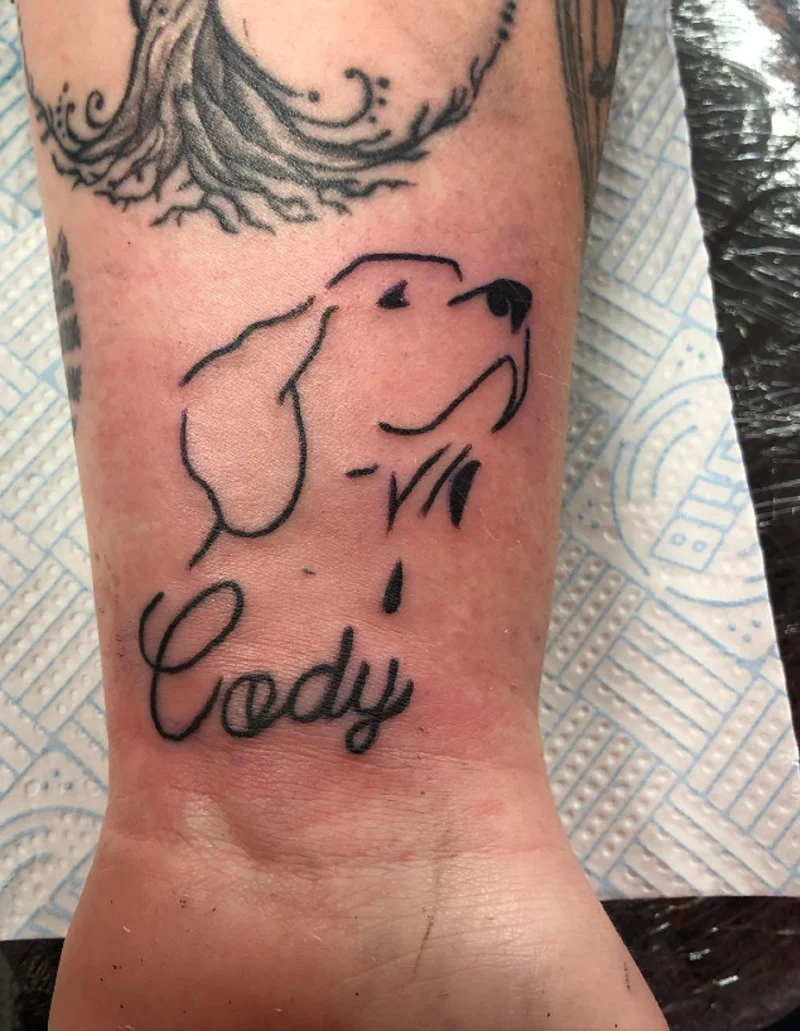 Bold Outline Labrador Profile with Cursive Name Typography on Lower Wrist