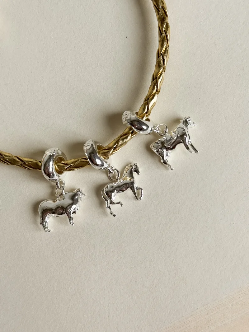 Braided Gold Leather Bracelet with Silver Animal Charms