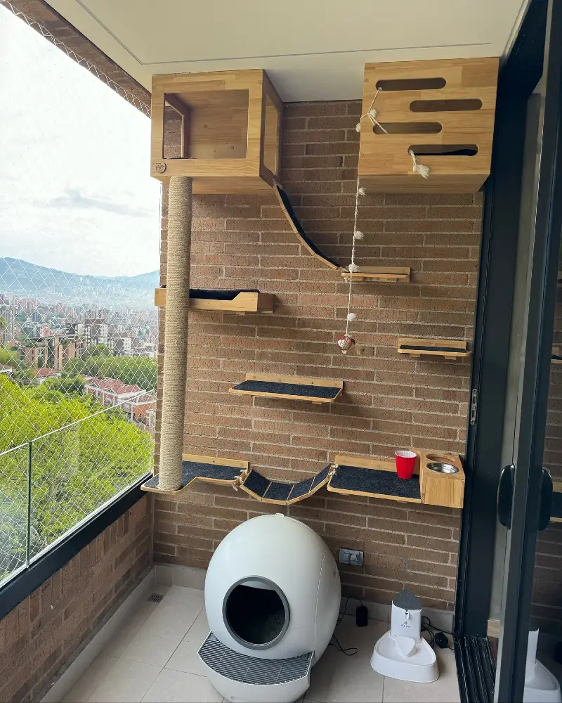 Brick Wall Play System with Wooden Cubbies, Sisal Pillar, and Spherical Litter Box