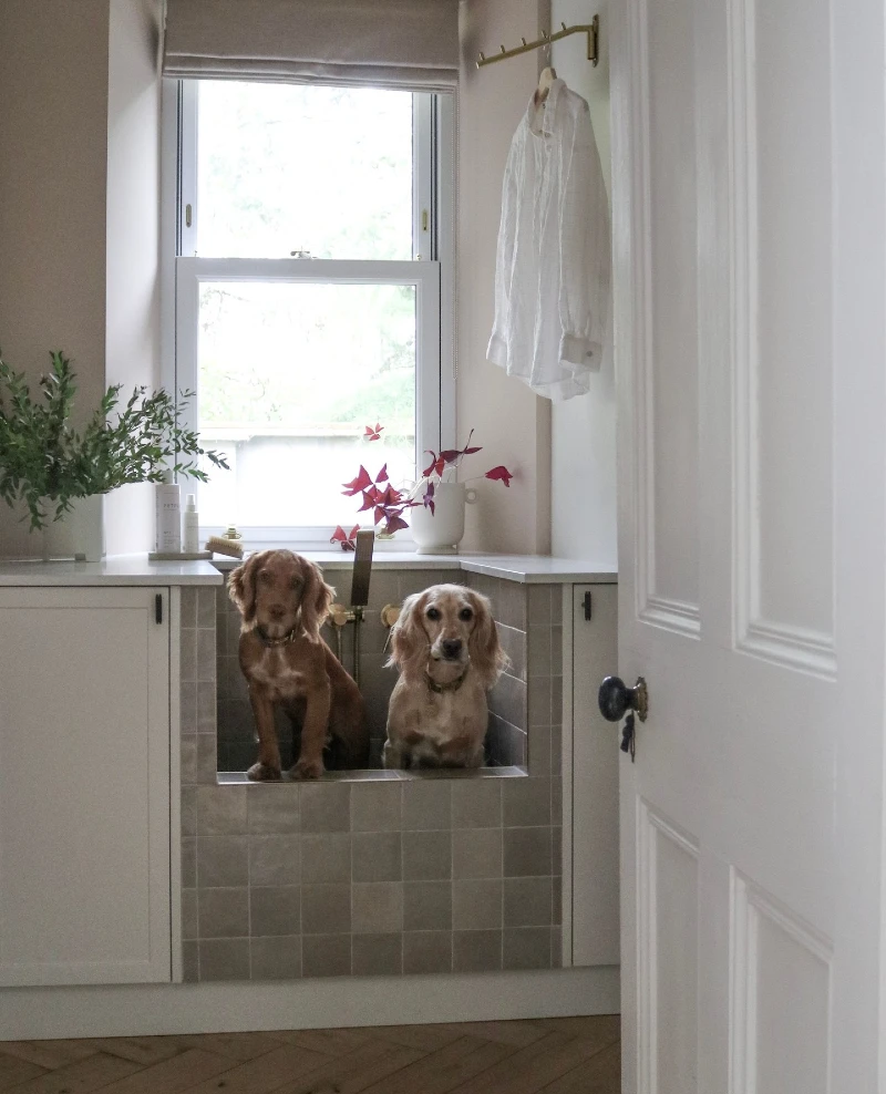 Built-In Dog Wash Station with Muted Taupe Square Tiles and Brass Fixtures