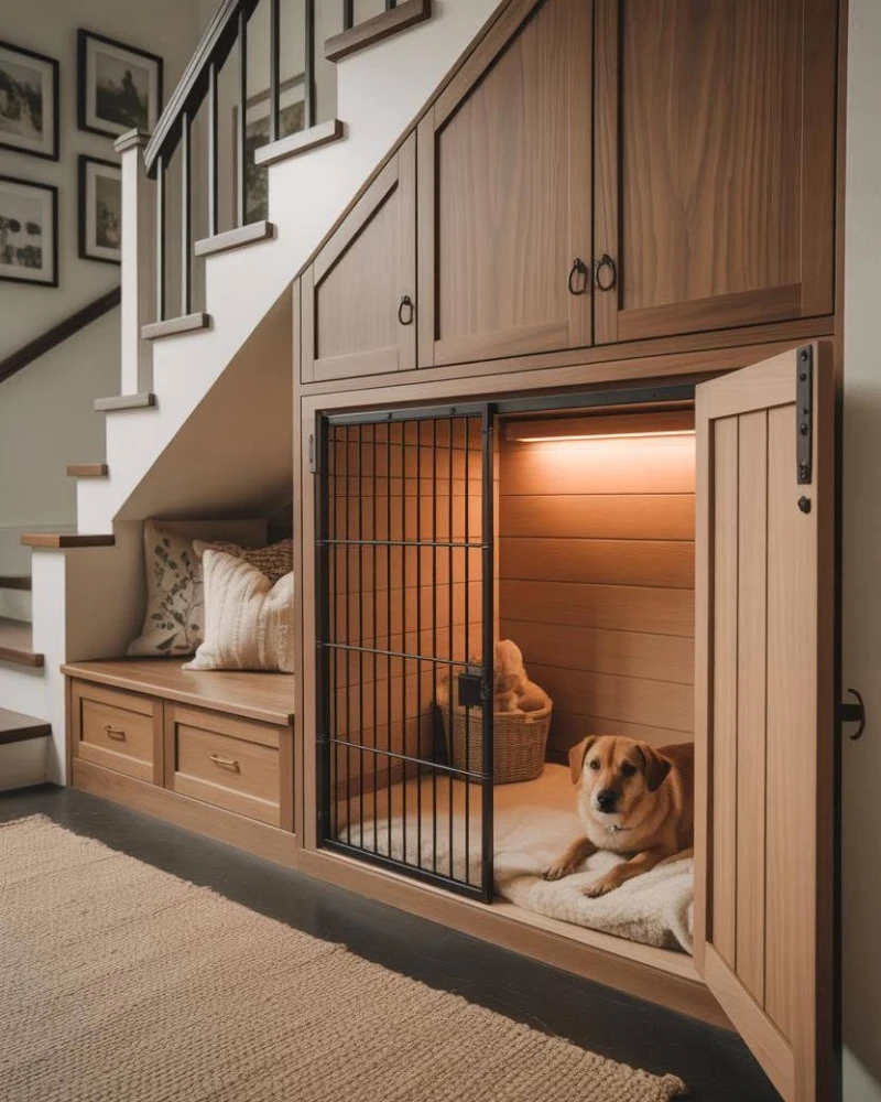 Built-In Staircase Nook with Soft LED Strip and Metal Safety Gate