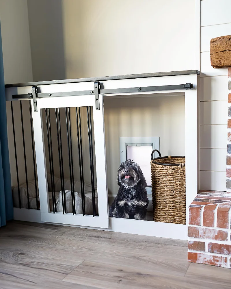 Built-In White Fireplace Console Crate with Sliding Barn Door and Tall Woven Basket