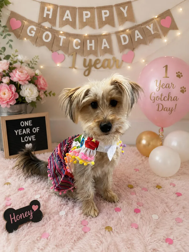 Burlap Gotcha Day Banner with Plush Shag Rug and Fairy Lights