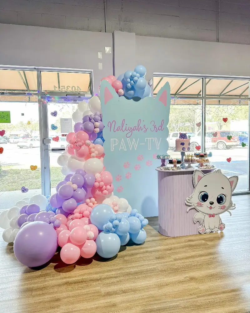 Cat-Eared Backdrop with Pastel Balloon Cascade and Fluted Dessert Console