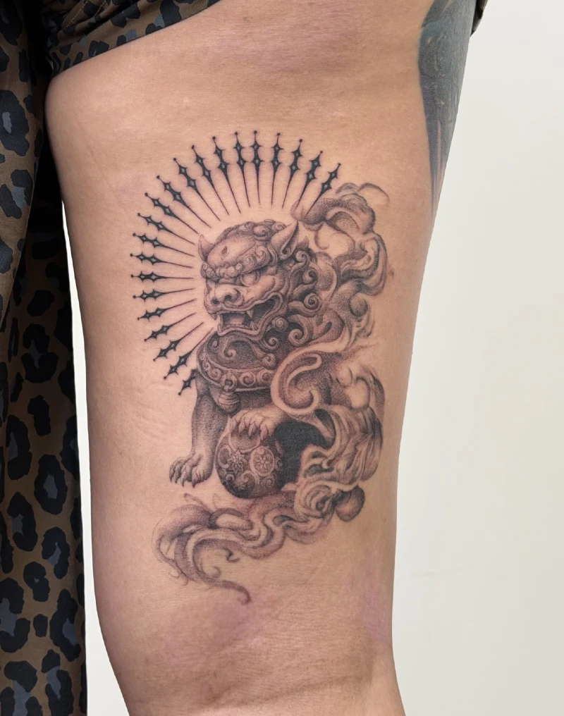 Celestial Foo Dog with Starburst Halo and Smoke Trails