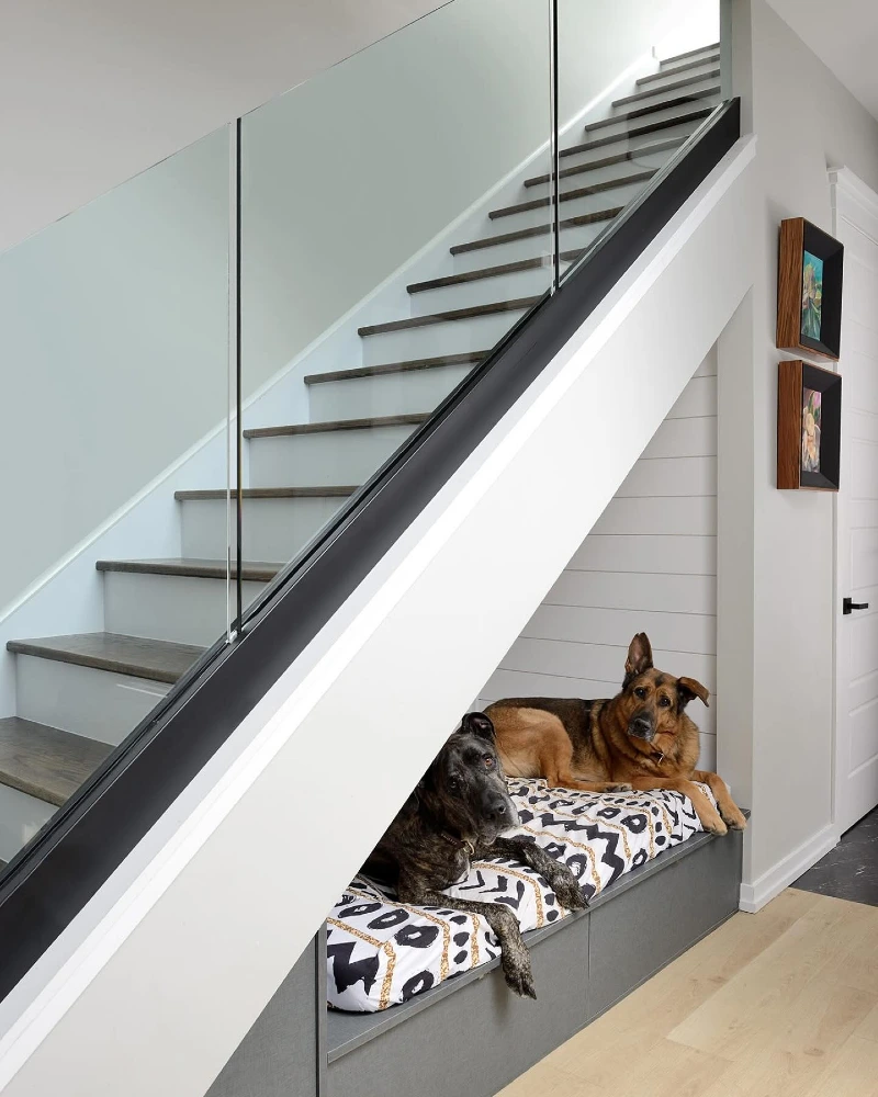 Charcoal Fabric Bench Platform with Glass Railing Staircase and Patterned Mattress Cushion