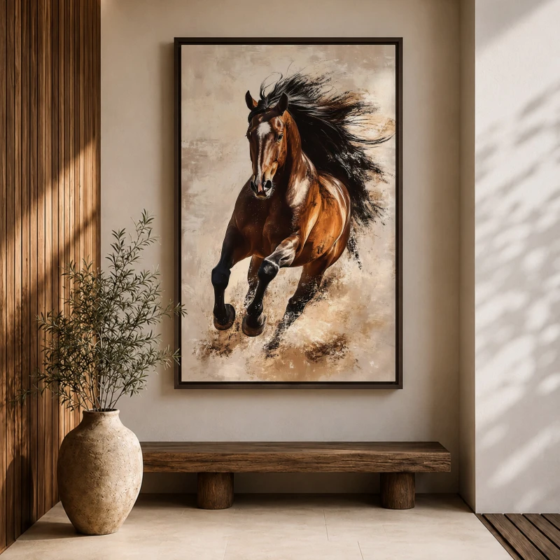 Charging Chestnut Canvas with Slim Frame Above Raw-Edge Wooden Bench