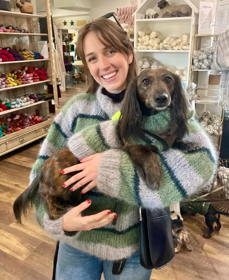 Chunky Striped Mohair Sweaters on a Smiling Owner and Her Long-Haired Dachshund