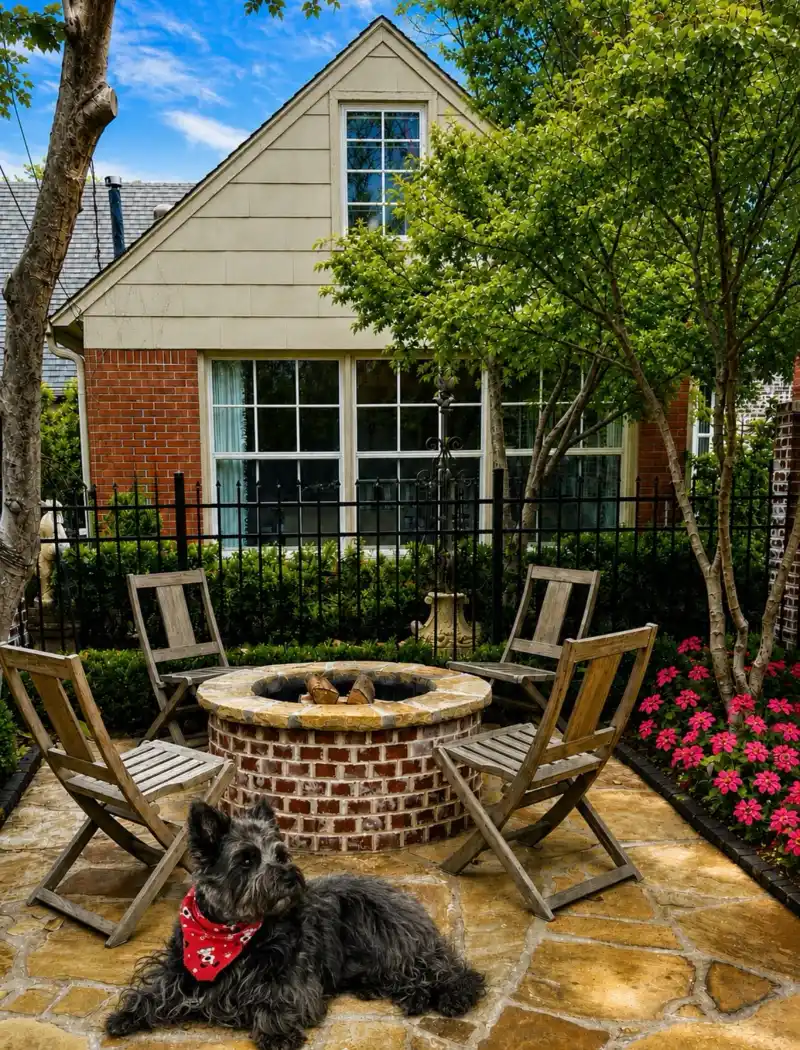 Circular Brick Fire Pit with Flagstone Patio and Wooden Folding Chairs