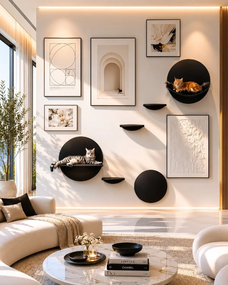 Circular Matte Black Wall Perches Integrated into a Modern Living Room Gallery Wall