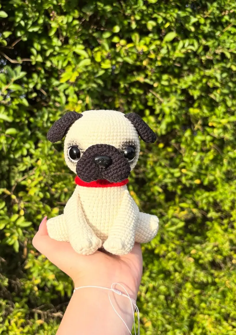 Classic Fawn Pug Figure with Black Snout and Red Collar Accent