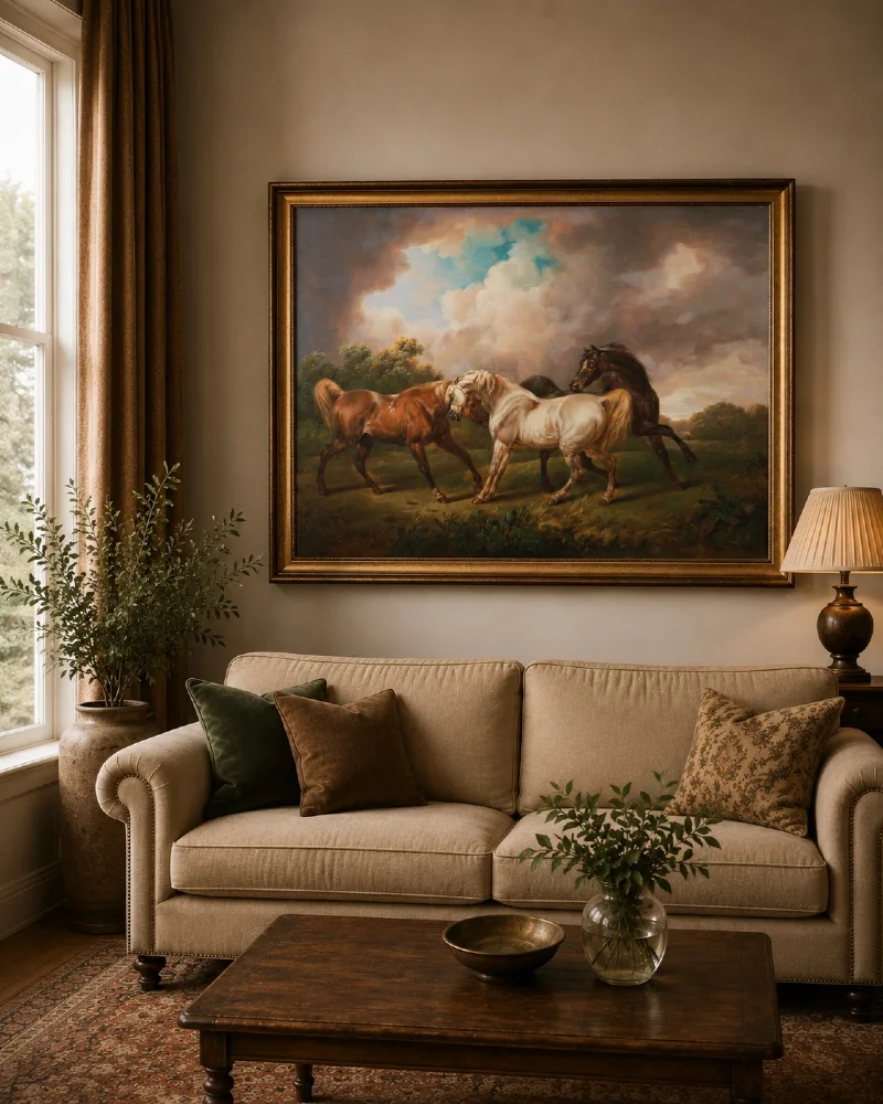 Classic Gilded Frame Oil Painting Above a Traditional Rolled-Arm Sofa