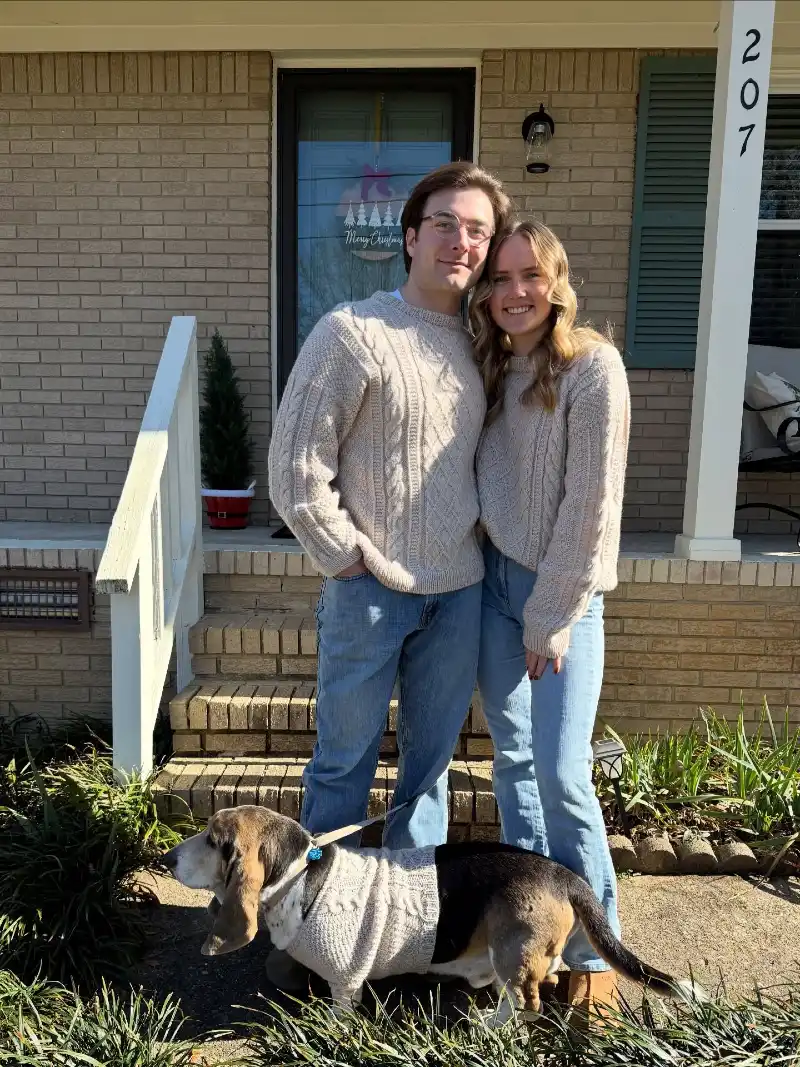Classic Oatmeal Cable Knit Sweaters on a Couple and Their Basset Hound