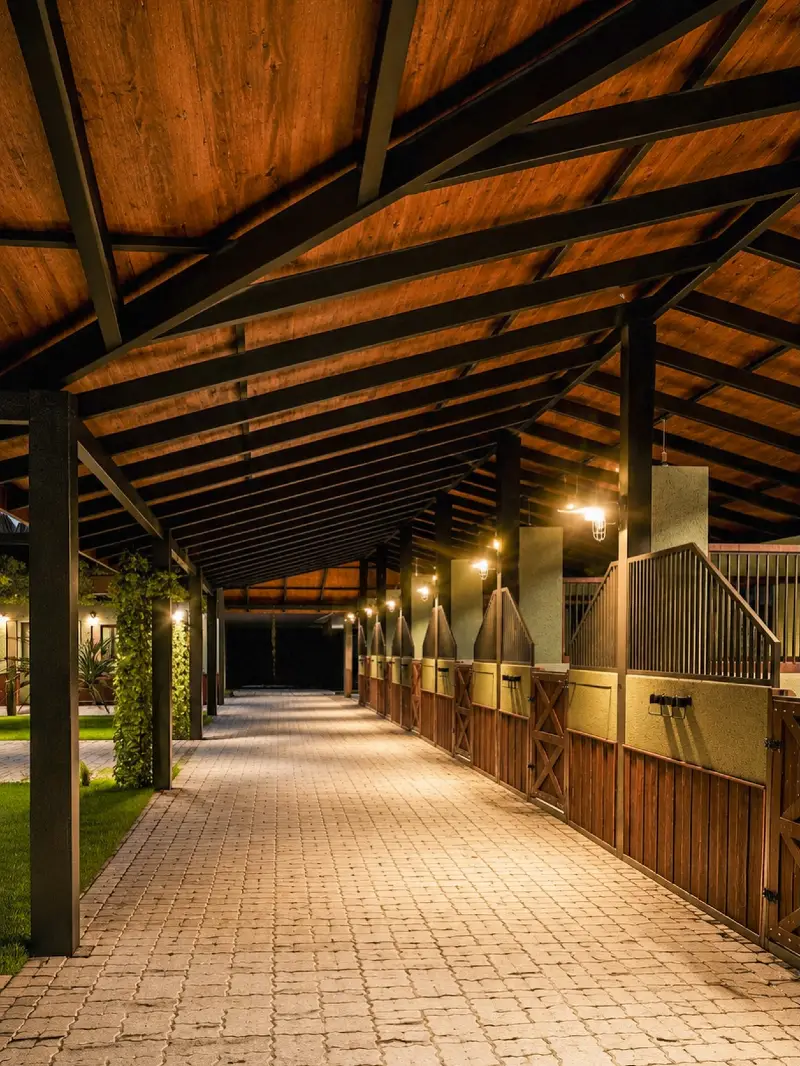 Covered Paved Stable Walkway with Ivy-Wrapped Pillars and Angled Grates