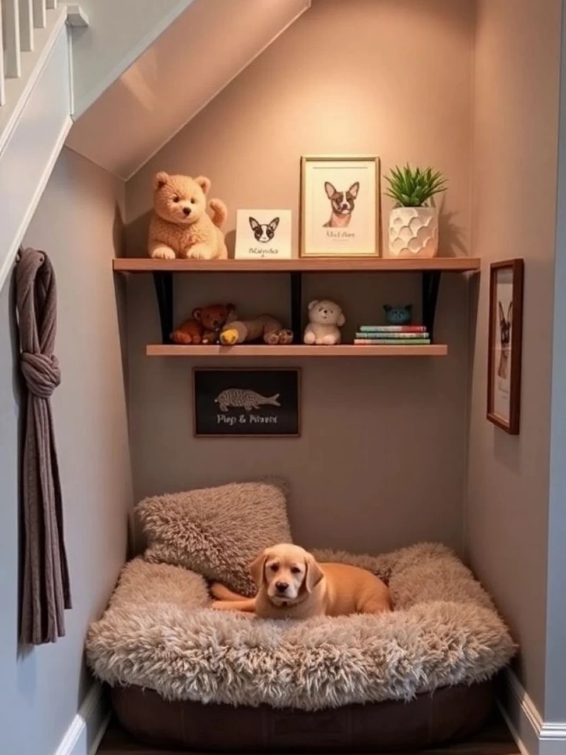 Cozy Under-Stairs Alcove Nook with Layered Floating Shelves and Shag Donut Bed