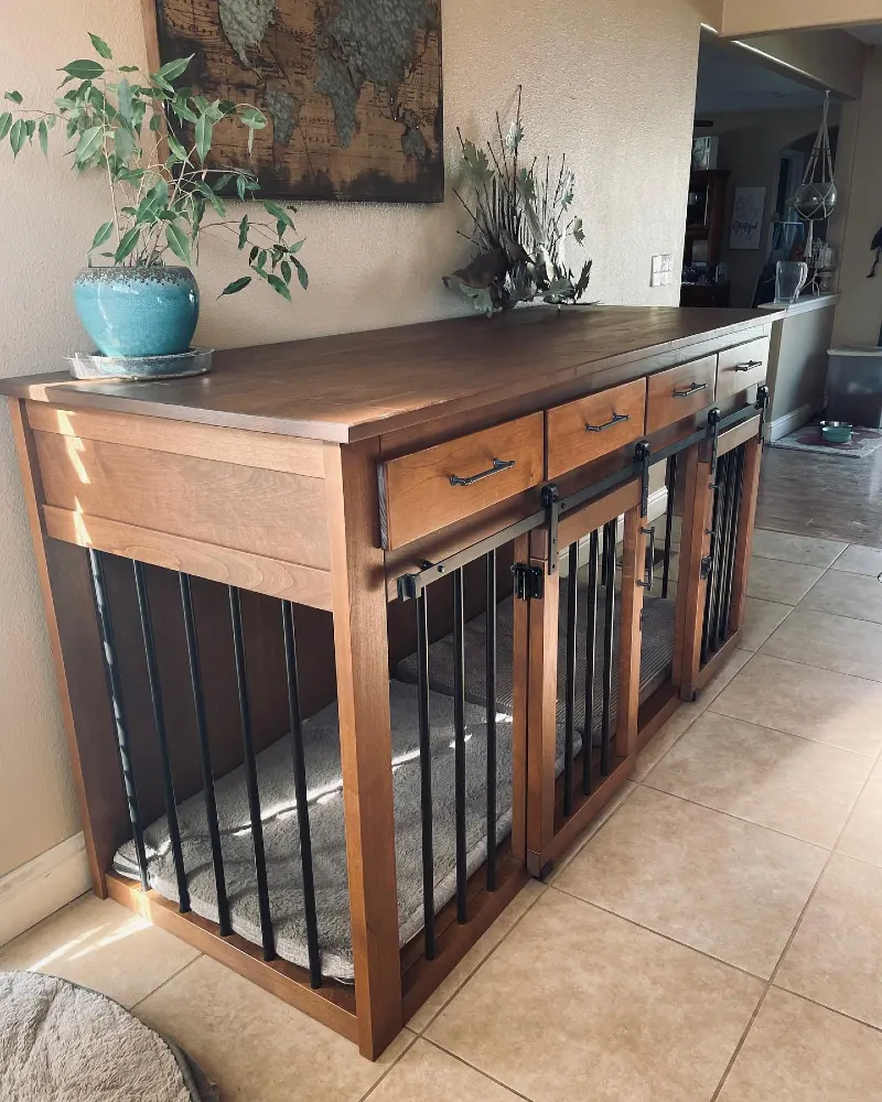 Craftsman Oak Credenza Kennel with Sliding Track Doors and Faux Drawer Pulls