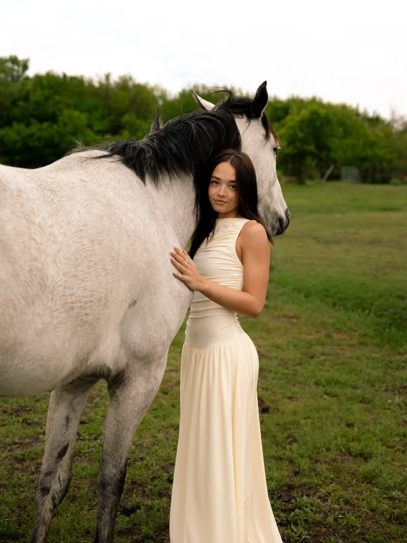 Cream-Colored Gathered Maxi Dress with a Dappled Grey Horse