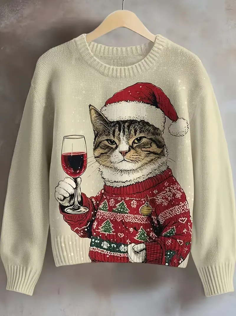 Cream Knit Sweater with Wine-Glass Cat Portrait Print
