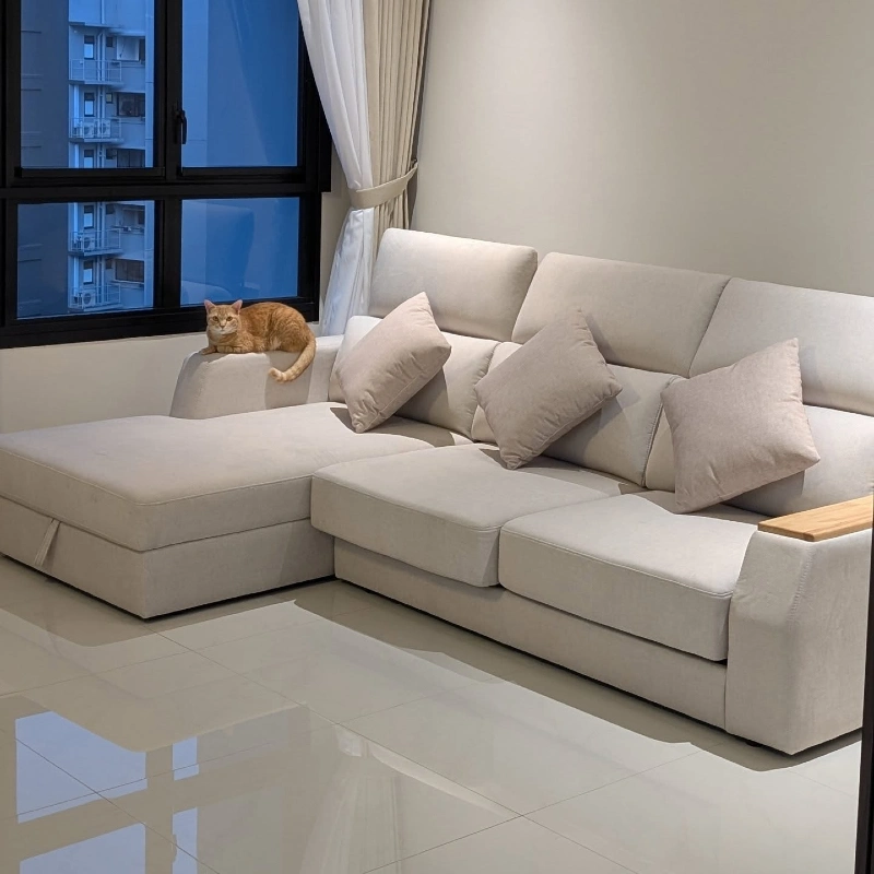 Cream Sectional Sofa with Performance Fabric and a Wooden Armrest Tray