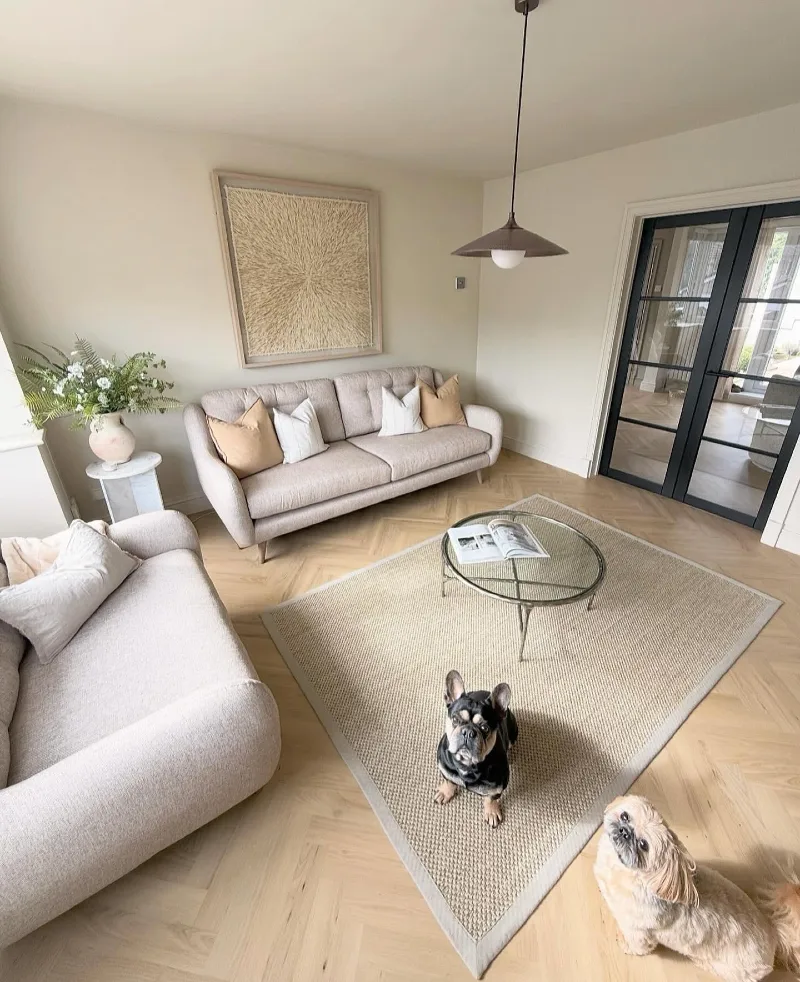 Cream Tufted Sofa with Woven Sisal Rug and Glass Coffee Table