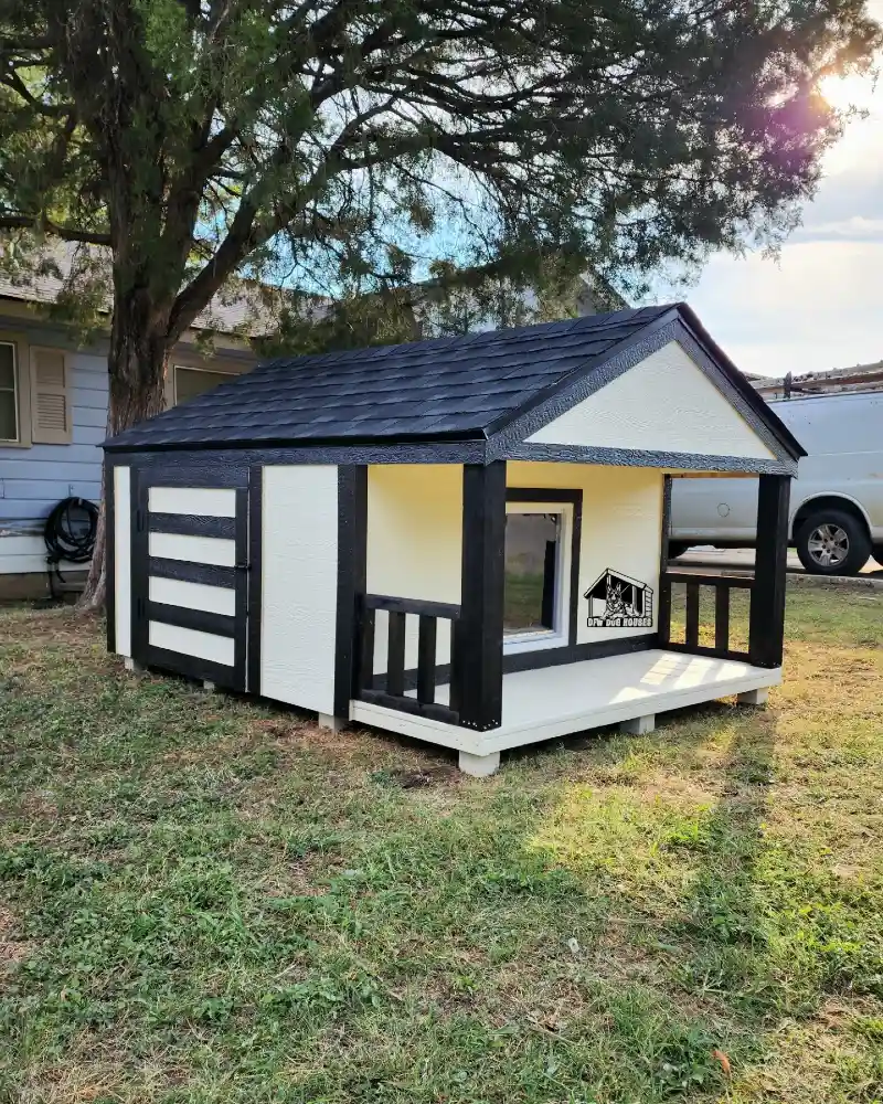 Cream and Charcoal Extended-Porch Kennel with Textured Asymmetrical Roof