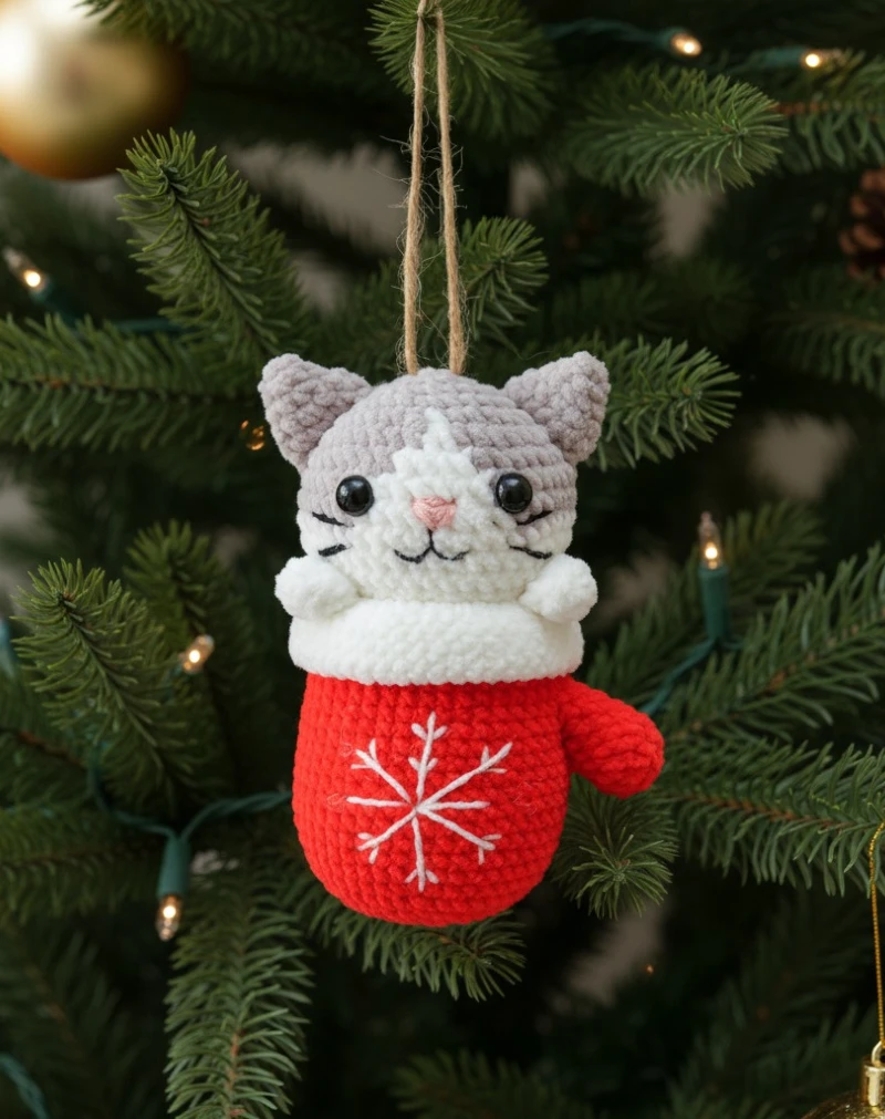 Crocheted Cat in Red Mitten Christmas Tree Ornament